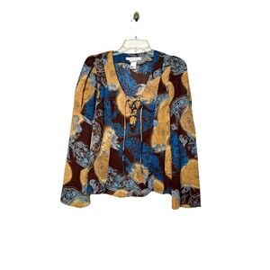 Vintage Y2K Floral Mesh Top Brown Blue Lace Up Bell Sleeve Sheer Blouse Size 7